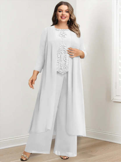 Plus Size Floor-Length Chiffon Pantsuit for the Mother of the Bride with Round Neck and Applique Jacket-BMbridal.UK