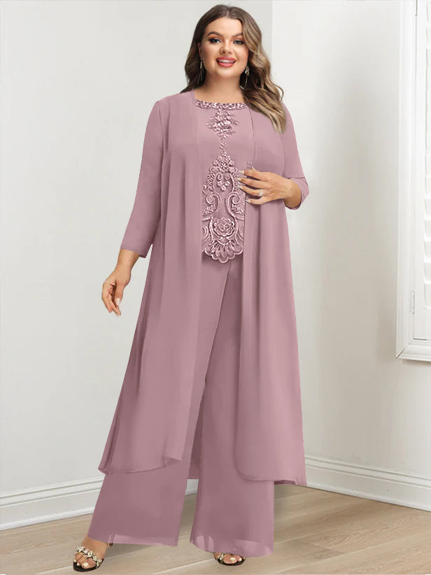 Plus Size Floor-Length Chiffon Pantsuit for the Mother of the Bride with Round Neck and Applique Jacket-BMbridal.UK