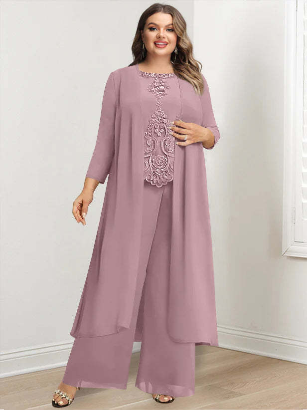 Plus Size Floor-Length Chiffon Pantsuit for the Mother of the Bride with Round Neck and Applique Jacket-BMbridal.UK