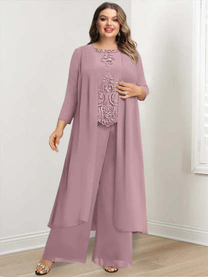 Plus Size Floor-Length Chiffon Pantsuit for the Mother of the Bride with Round Neck and Applique Jacket-BMbridal.UK