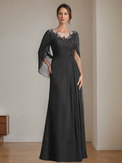 Floor-Length A-Line Princess Mother of the Bride Dresses with Scoop Neck Pleats and Sequins