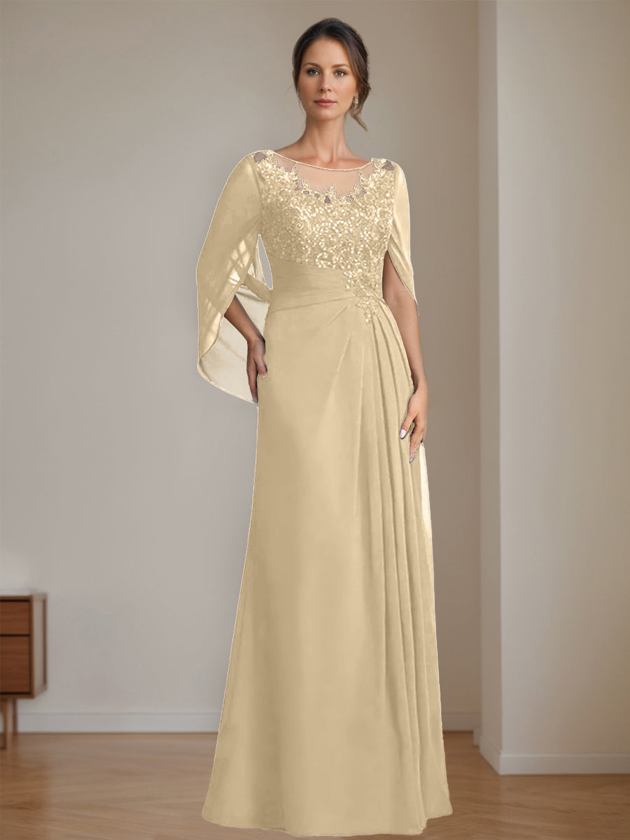 Floor-Length A-Line Princess Mother of the Bride Dresses with Scoop Neck Pleats and Sequins