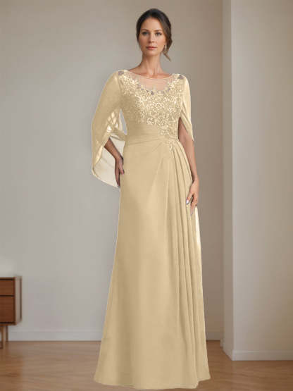 Floor-Length A-Line Princess Mother of the Bride Dresses with Scoop Neck Pleats and Sequins