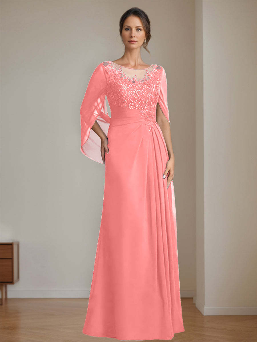 Floor-Length A-Line Princess Mother of the Bride Dresses with Scoop Neck Pleats and Sequins