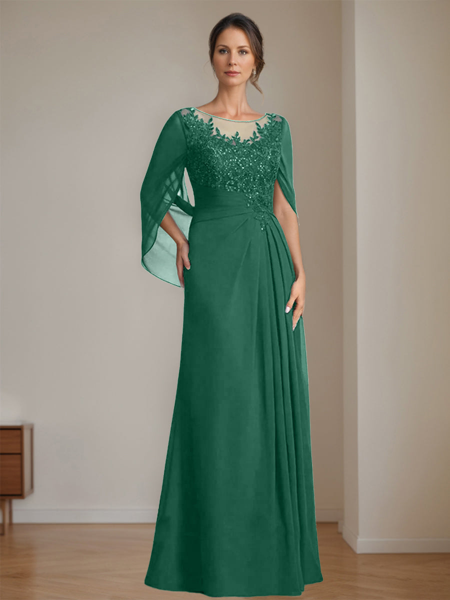 Floor-Length A-Line Princess Mother of the Bride Dresses with Scoop Neck Pleats and Sequins