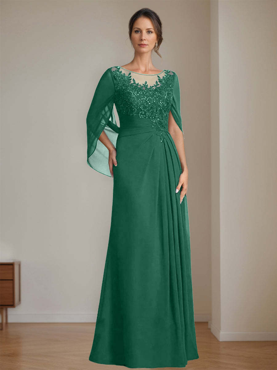 Floor-Length A-Line Princess Mother of the Bride Dresses with Scoop Neck Pleats and Sequins