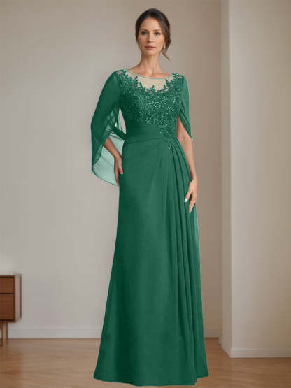 Floor-Length A-Line Princess Mother of the Bride Dresses with Scoop Neck Pleats and Sequins