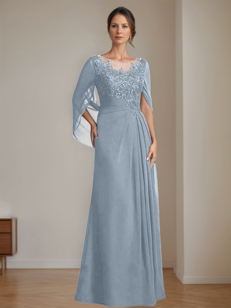 Floor-Length A-Line Princess Mother of the Bride Dresses with Scoop Neck Pleats and Sequins