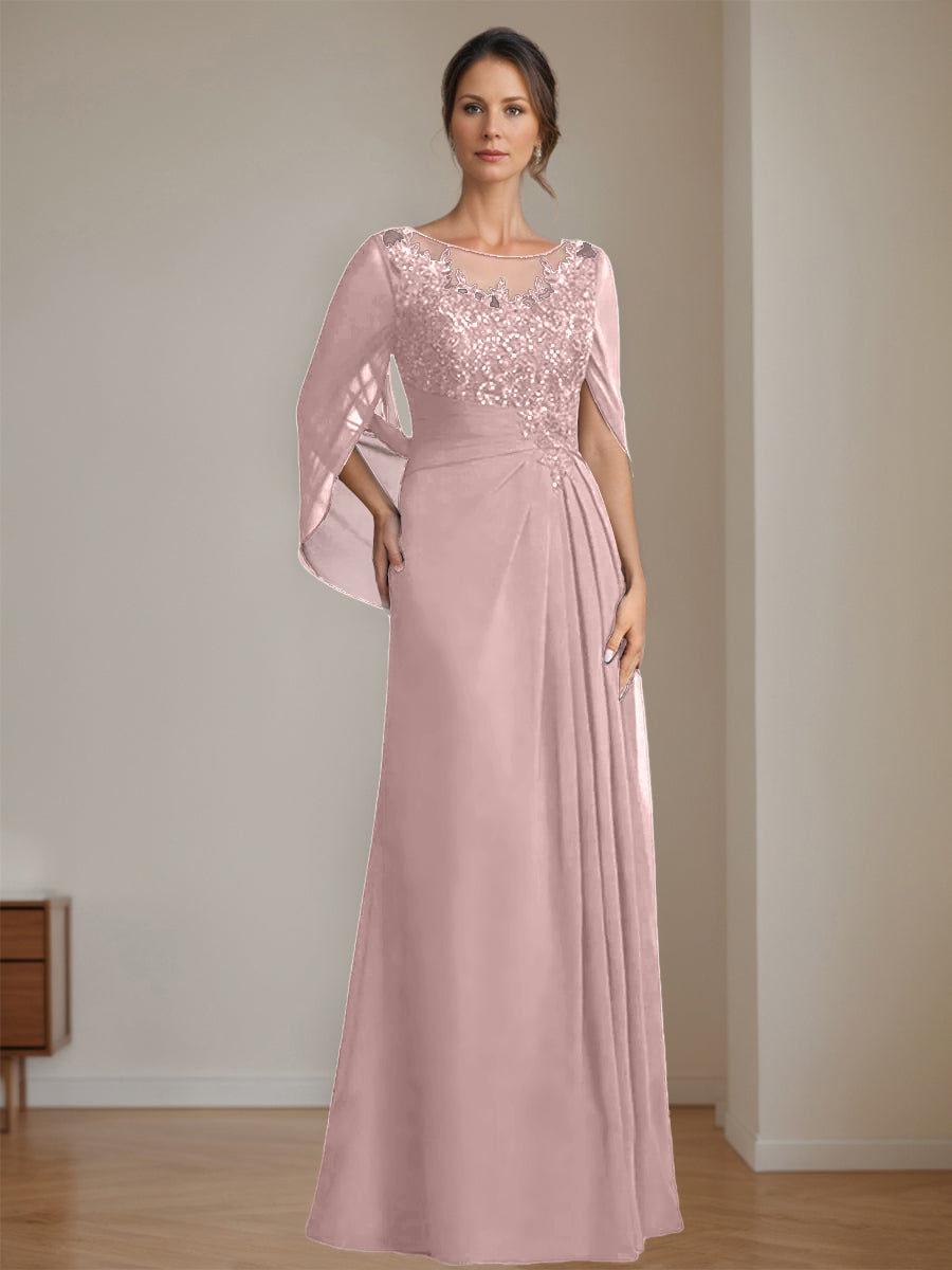 Floor-Length A-Line Princess Mother of the Bride Dresses with Scoop Neck Pleats and Sequins
