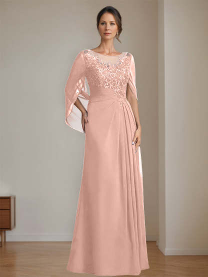 Floor-Length A-Line Princess Mother of the Bride Dresses with Scoop Neck Pleats and Sequins