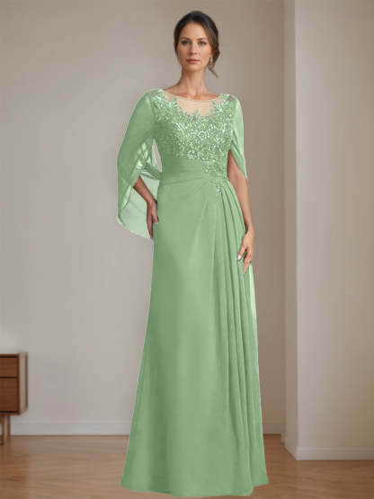 Floor-Length A-Line Princess Mother of the Bride Dresses with Scoop Neck Pleats and Sequins