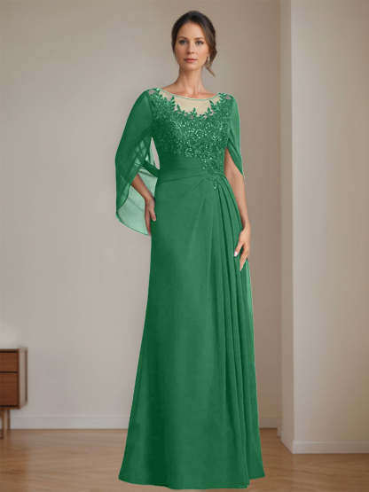 Floor-Length A-Line Princess Mother of the Bride Dresses with Scoop Neck Pleats and Sequins