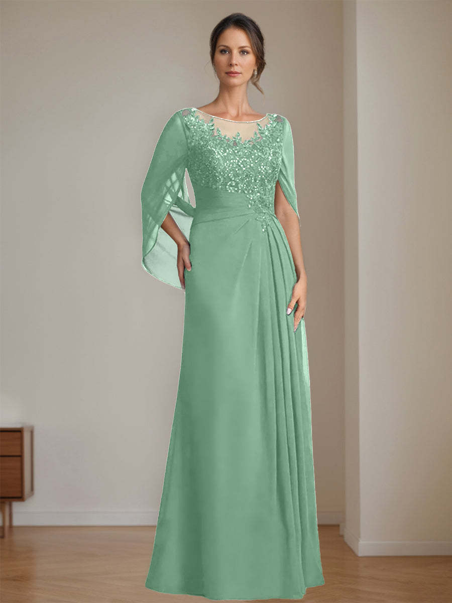 Floor-Length A-Line Princess Mother of the Bride Dresses with Scoop Neck Pleats and Sequins