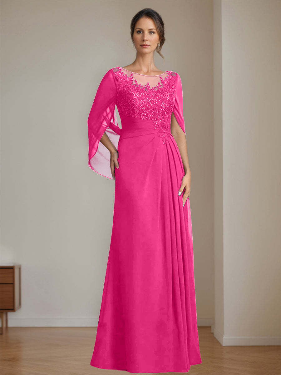 Floor-Length A-Line Princess Mother of the Bride Dresses with Scoop Neck Pleats and Sequins