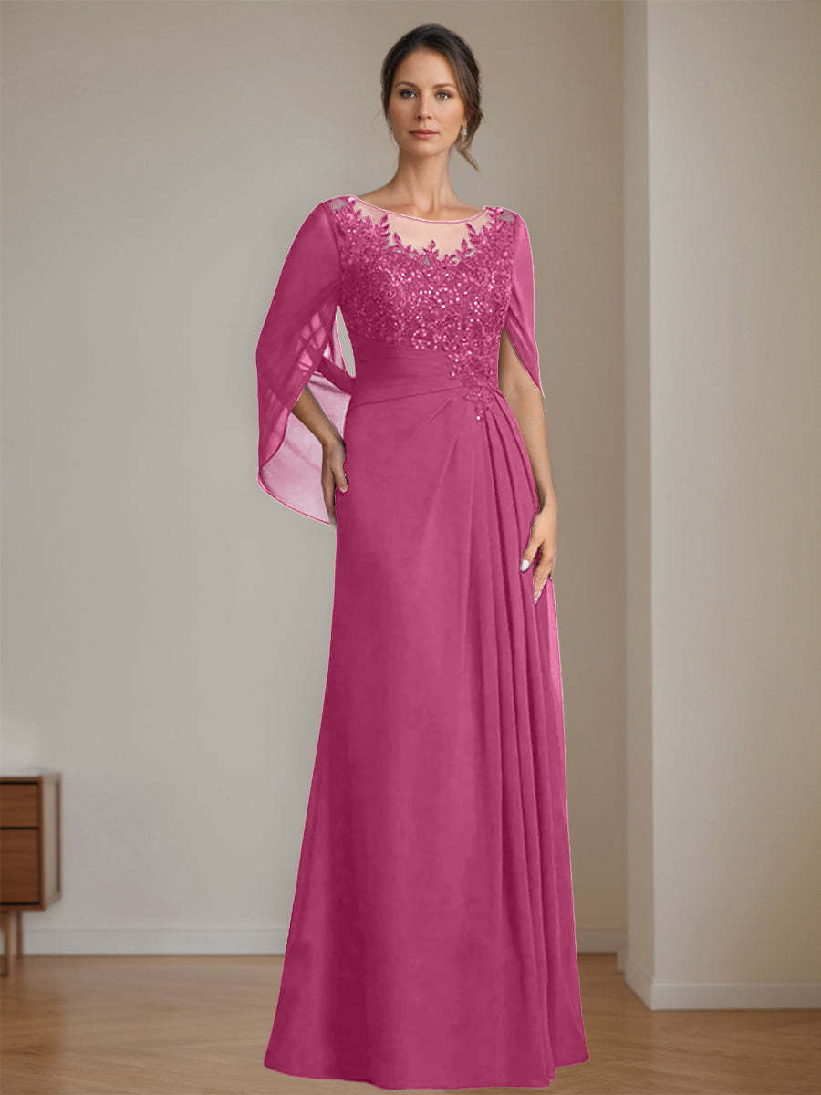 Floor-Length A-Line Princess Mother of the Bride Dresses with Scoop Neck Pleats and Sequins