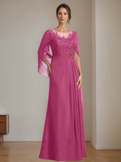 Floor-Length A-Line Princess Mother of the Bride Dresses with Scoop Neck Pleats and Sequins