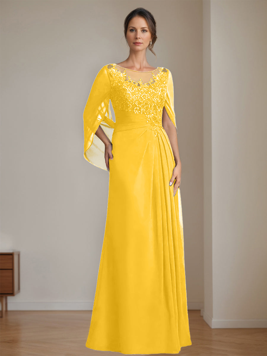 Floor-Length A-Line Princess Mother of the Bride Dresses with Scoop Neck Pleats and Sequins