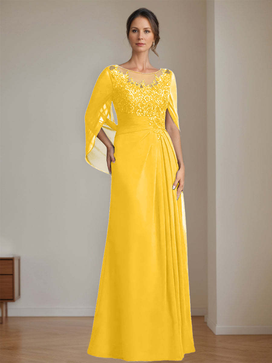 Floor-Length A-Line Princess Mother of the Bride Dresses with Scoop Neck Pleats and Sequins