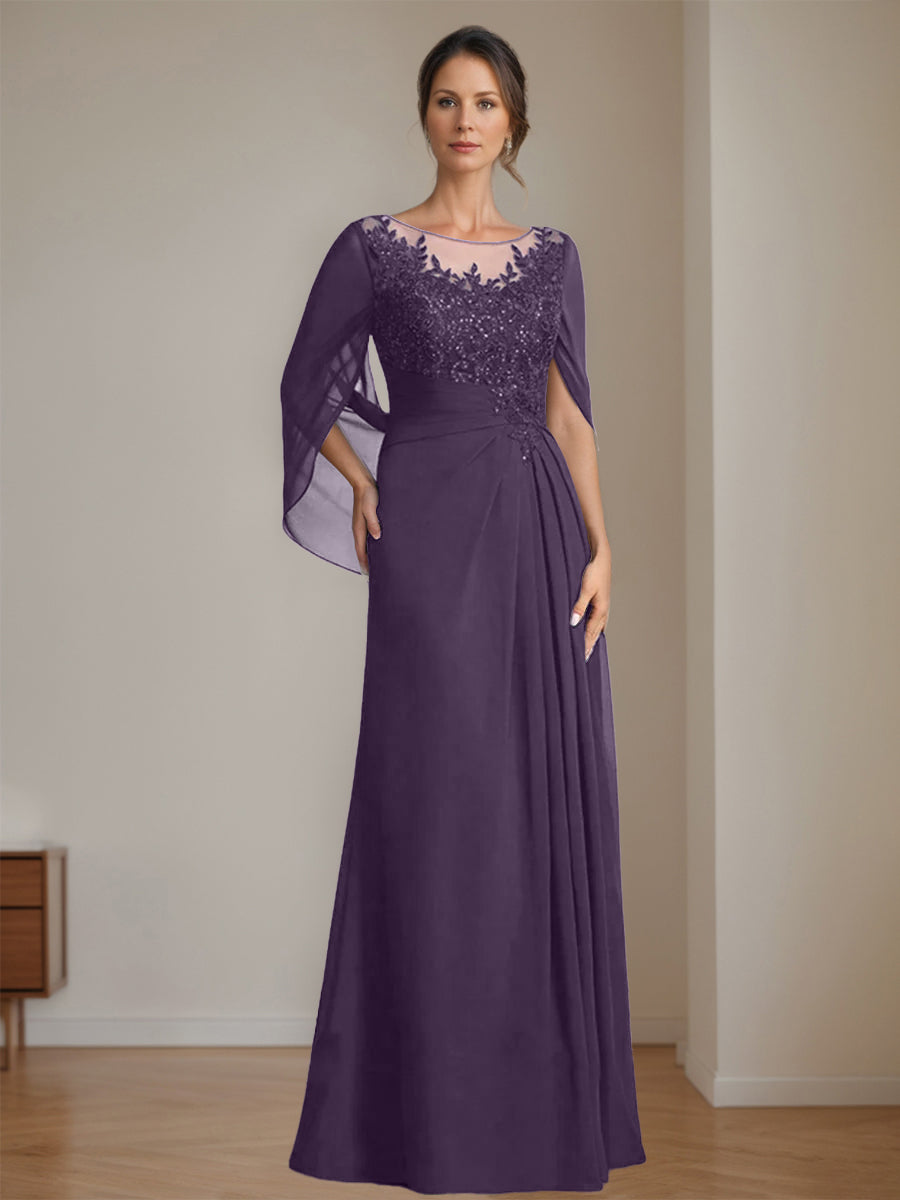 Floor-Length A-Line Princess Mother of the Bride Dresses with Scoop Neck Pleats and Sequins