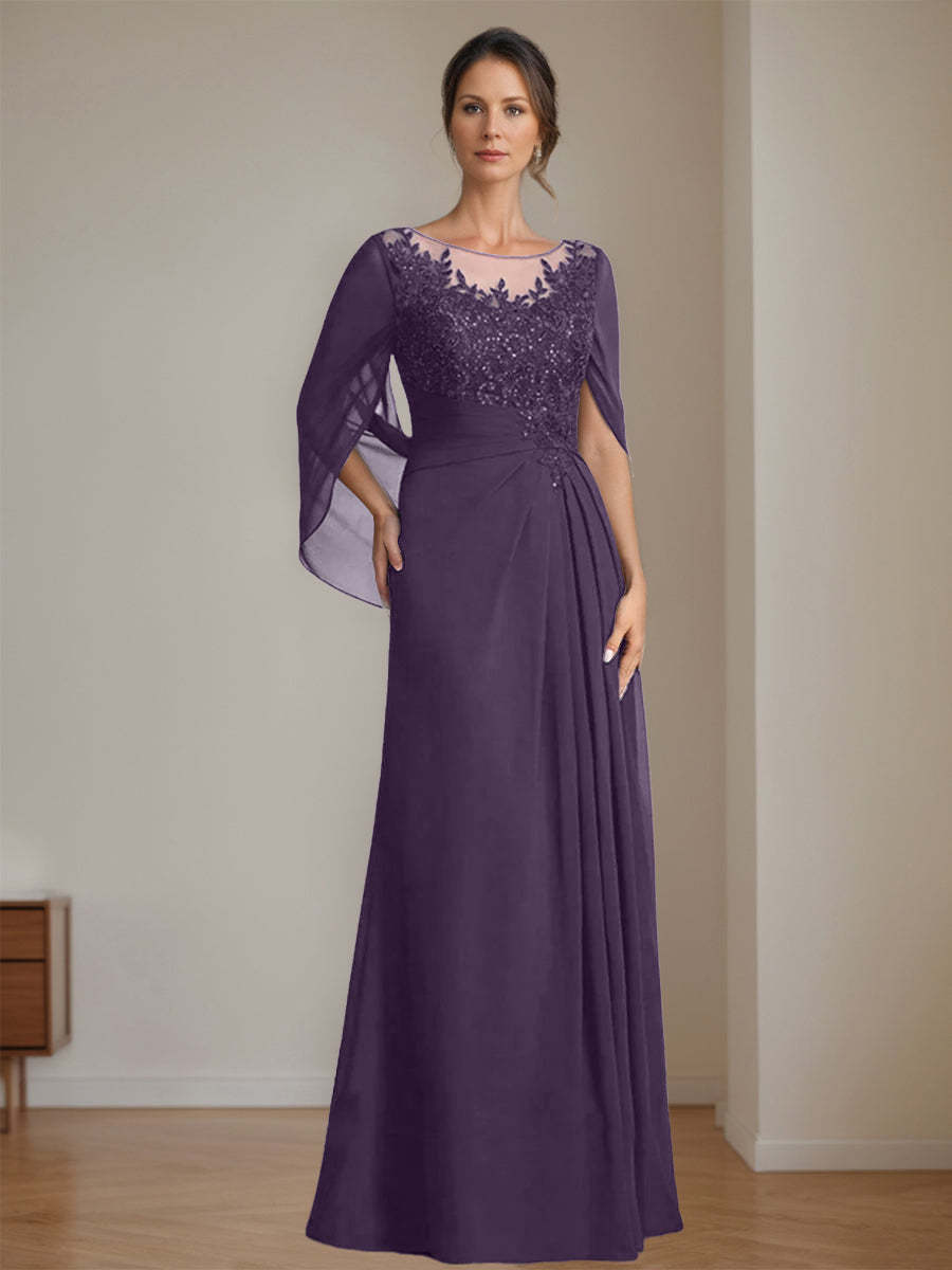Floor-Length A-Line Princess Mother of the Bride Dresses with Scoop Neck Pleats and Sequins