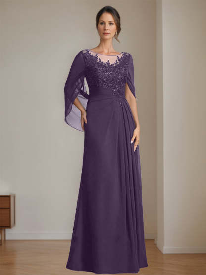 Floor-Length A-Line Princess Mother of the Bride Dresses with Scoop Neck Pleats and Sequins
