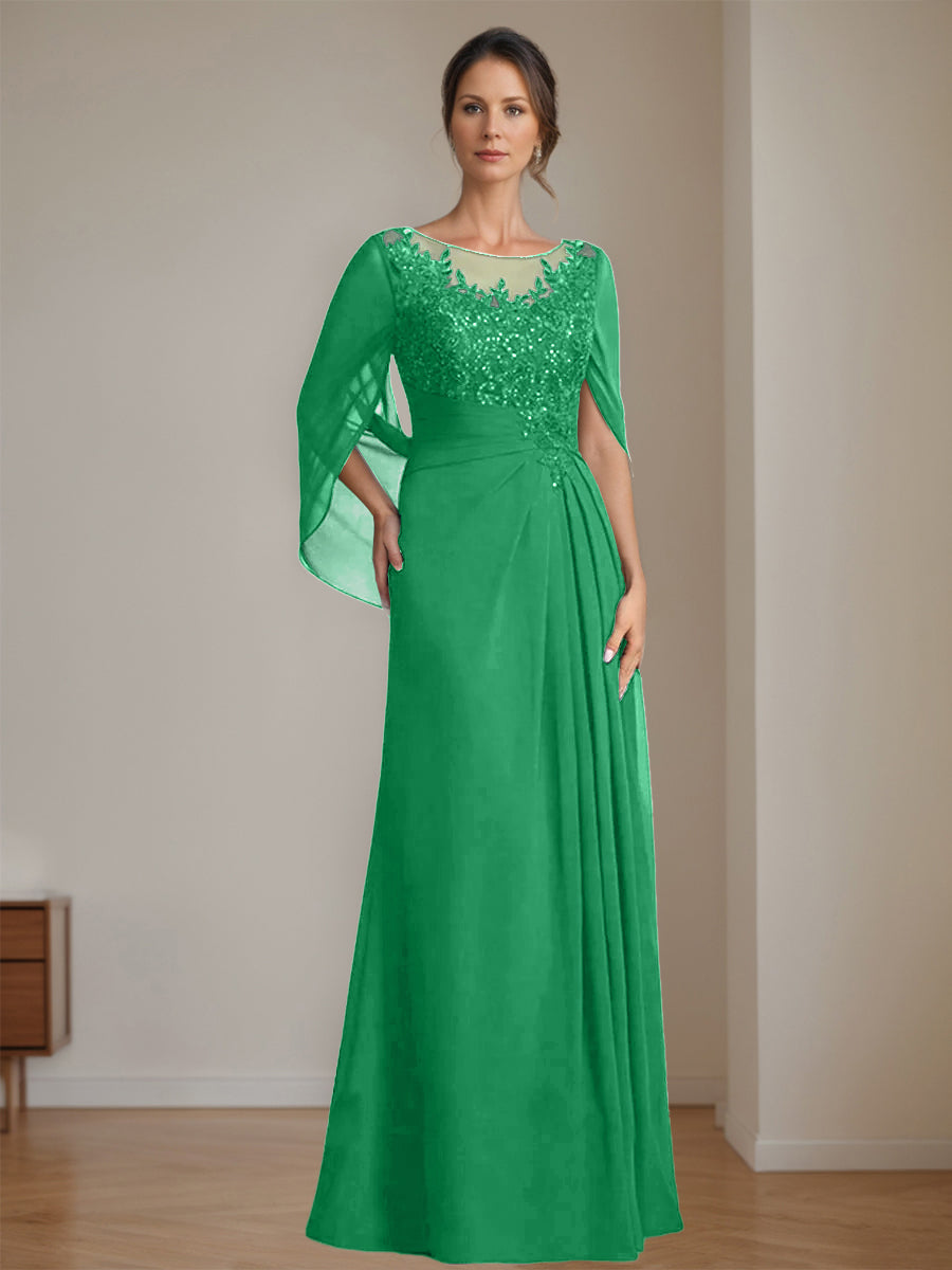 Floor-Length A-Line Princess Mother of the Bride Dresses with Scoop Neck Pleats and Sequins