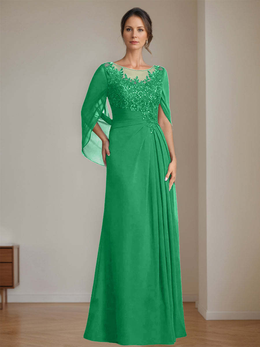 Floor-Length A-Line Princess Mother of the Bride Dresses with Scoop Neck Pleats and Sequins