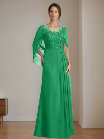 Floor-Length A-Line Princess Mother of the Bride Dresses with Scoop Neck Pleats and Sequins