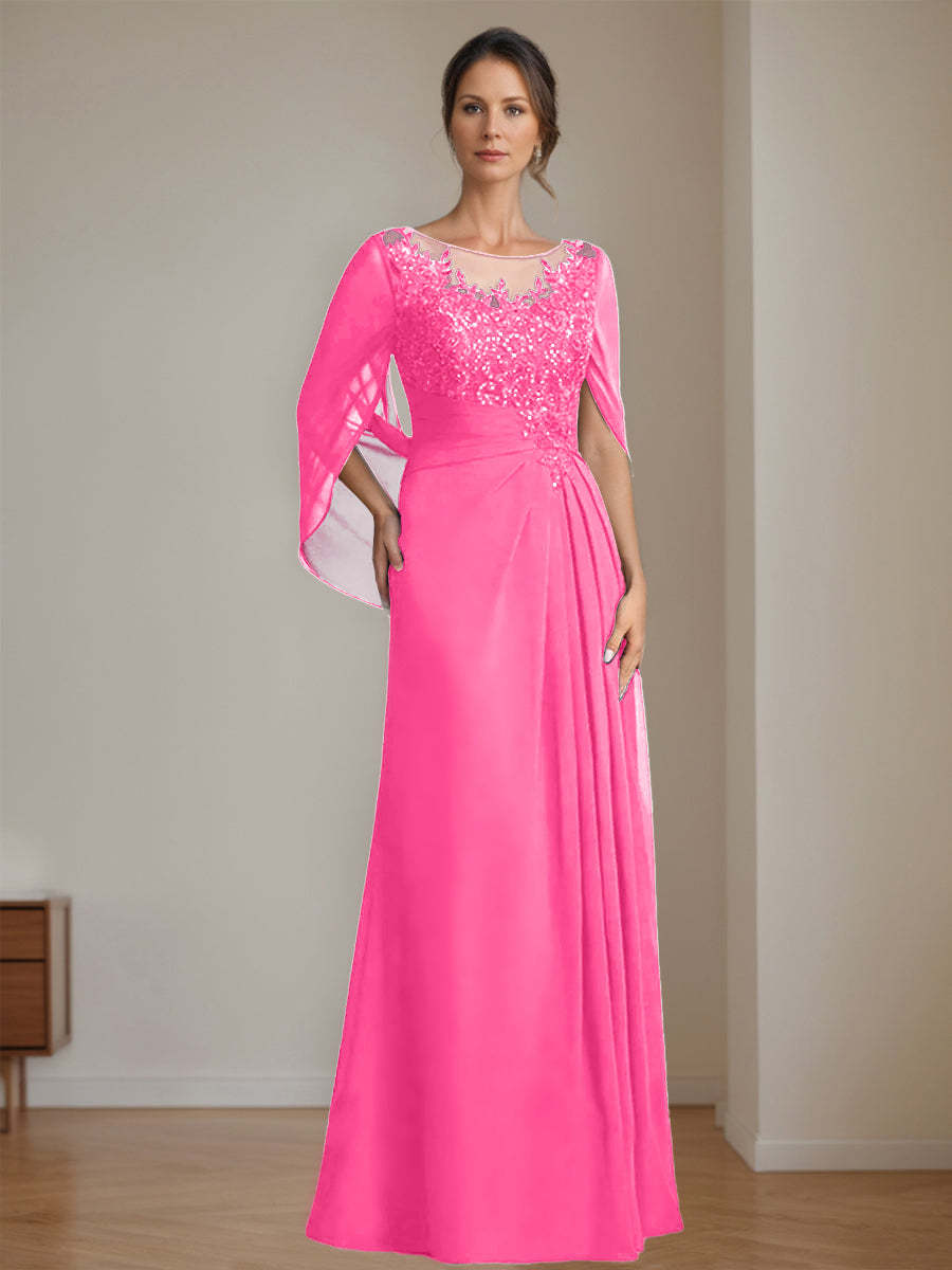Floor-Length A-Line Princess Mother of the Bride Dresses with Scoop Neck Pleats and Sequins