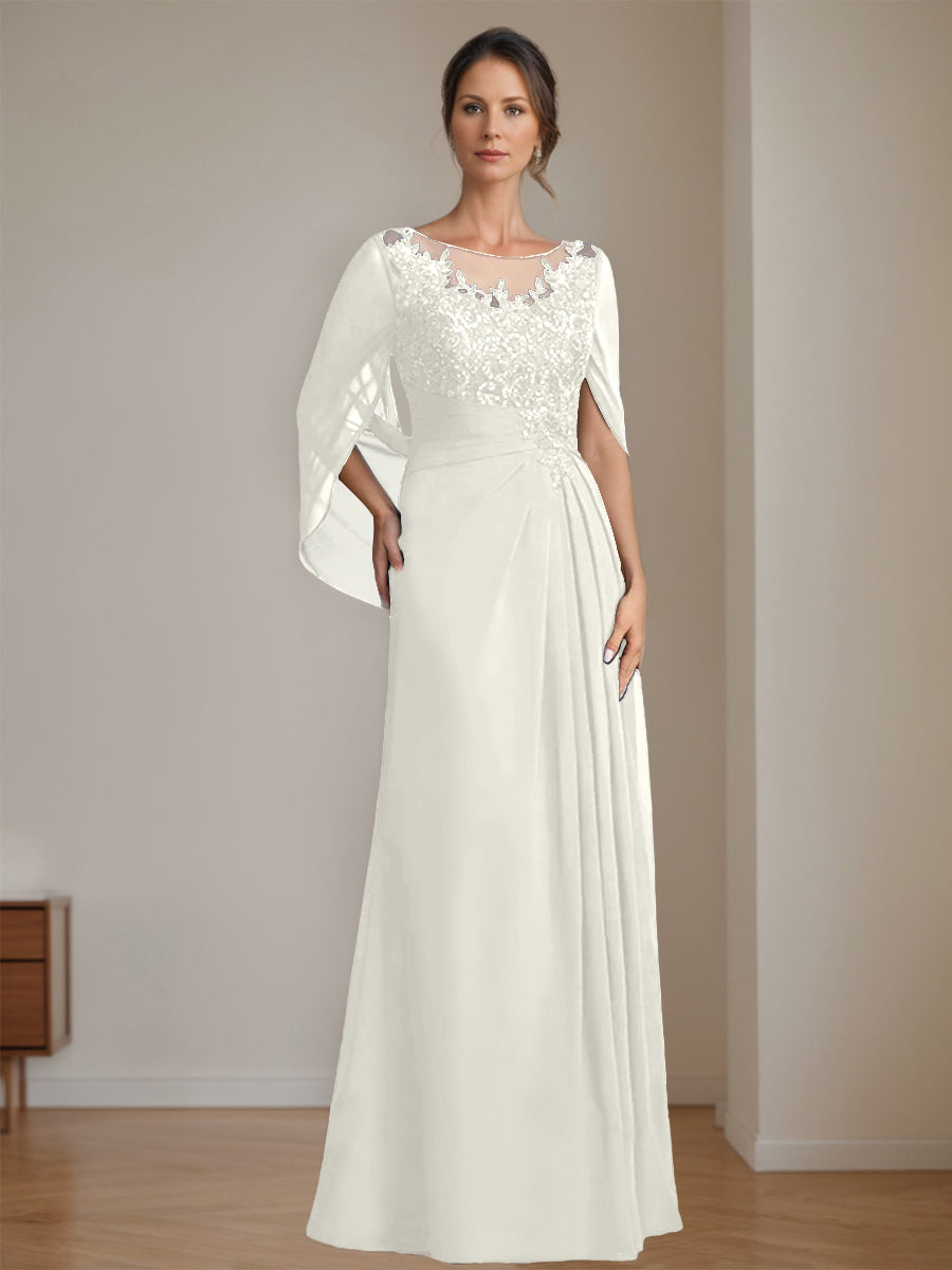 Floor-Length A-Line Princess Mother of the Bride Dresses with Scoop Neck Pleats and Sequins