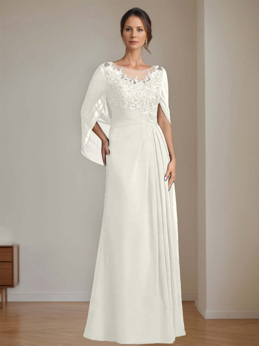 Floor-Length A-Line Princess Mother of the Bride Dresses with Scoop Neck Pleats and Sequins