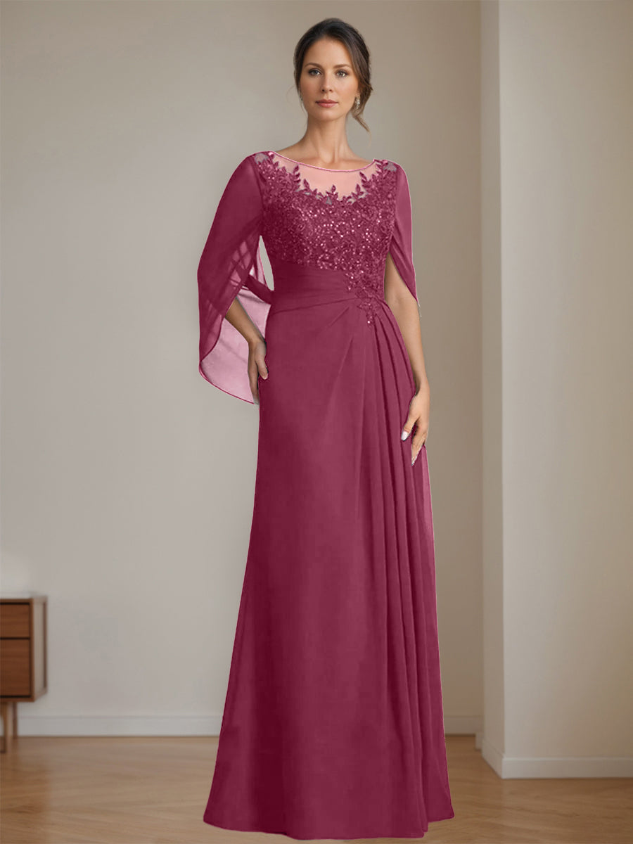 Floor-Length A-Line Princess Mother of the Bride Dresses with Scoop Neck Pleats and Sequins