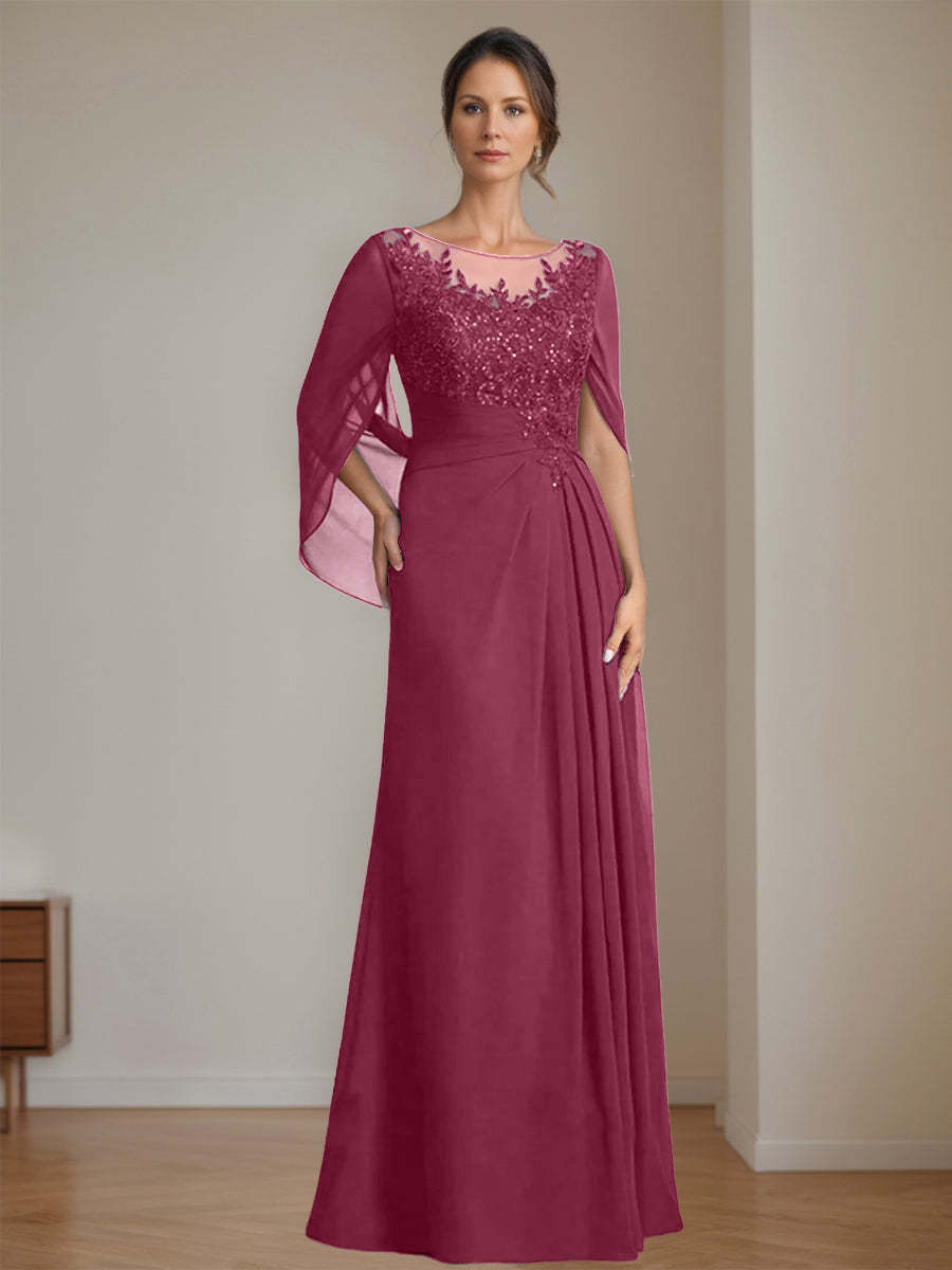 Floor-Length A-Line Princess Mother of the Bride Dresses with Scoop Neck Pleats and Sequins