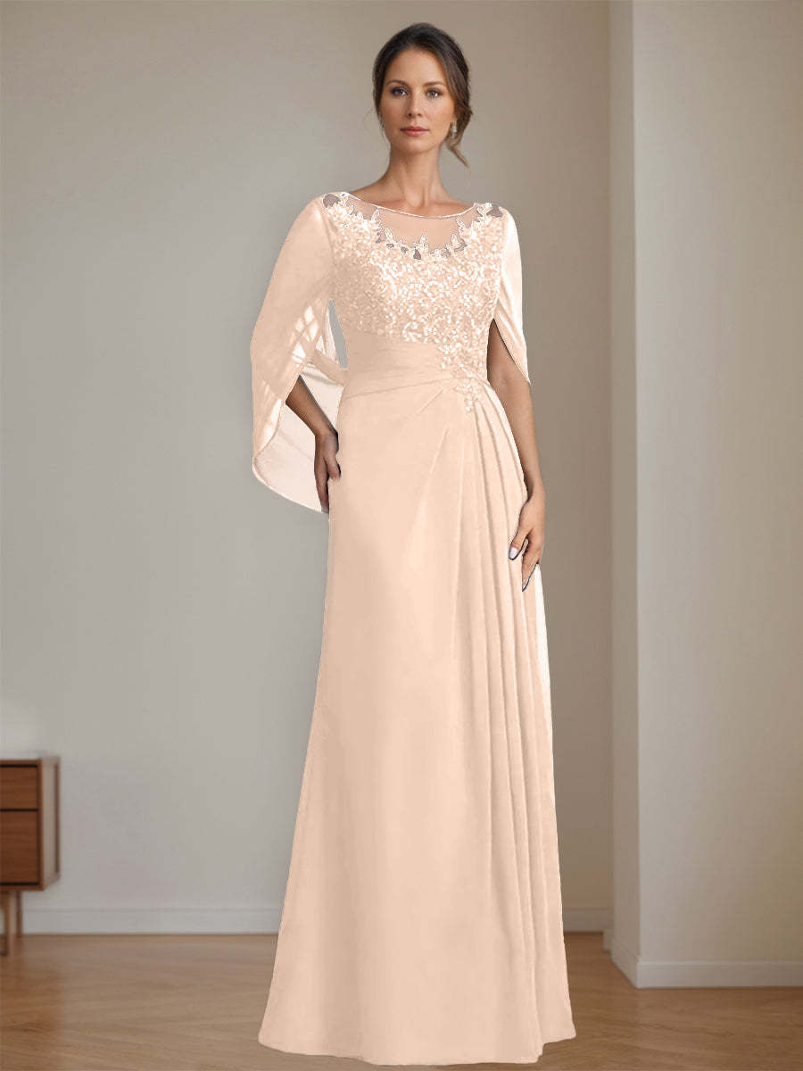 Floor-Length A-Line Princess Mother of the Bride Dresses with Scoop Neck Pleats and Sequins