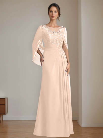 Floor-Length A-Line Princess Mother of the Bride Dresses with Scoop Neck Pleats and Sequins