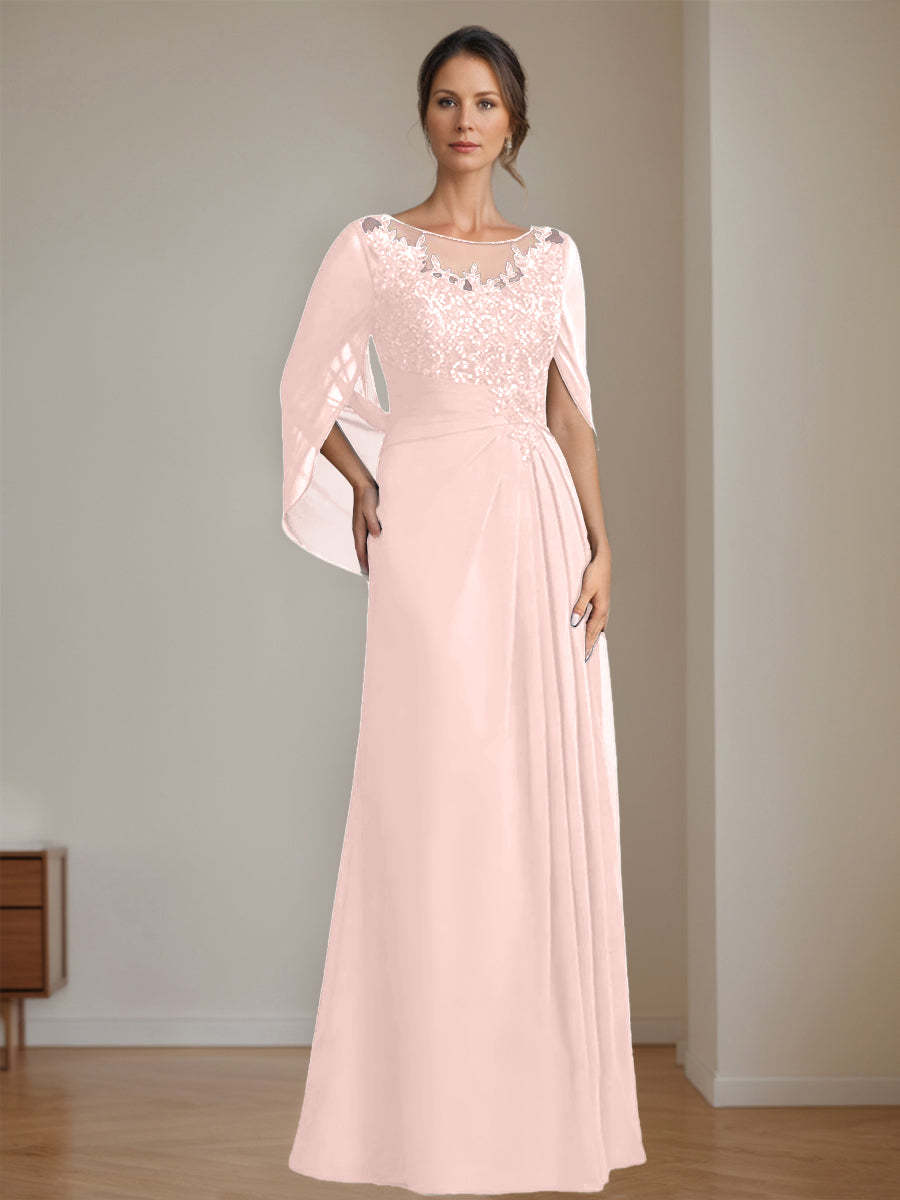 Floor-Length A-Line Princess Mother of the Bride Dresses with Scoop Neck Pleats and Sequins