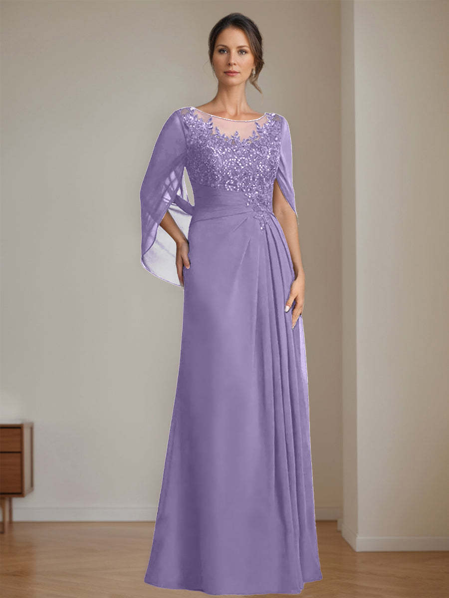 Floor-Length A-Line Princess Mother of the Bride Dresses with Scoop Neck Pleats and Sequins