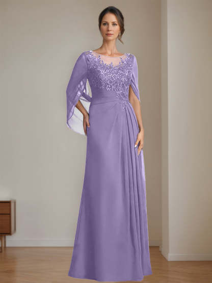 Floor-Length A-Line Princess Mother of the Bride Dresses with Scoop Neck Pleats and Sequins