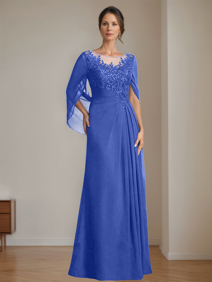 Floor-Length A-Line Princess Mother of the Bride Dresses with Scoop Neck Pleats and Sequins