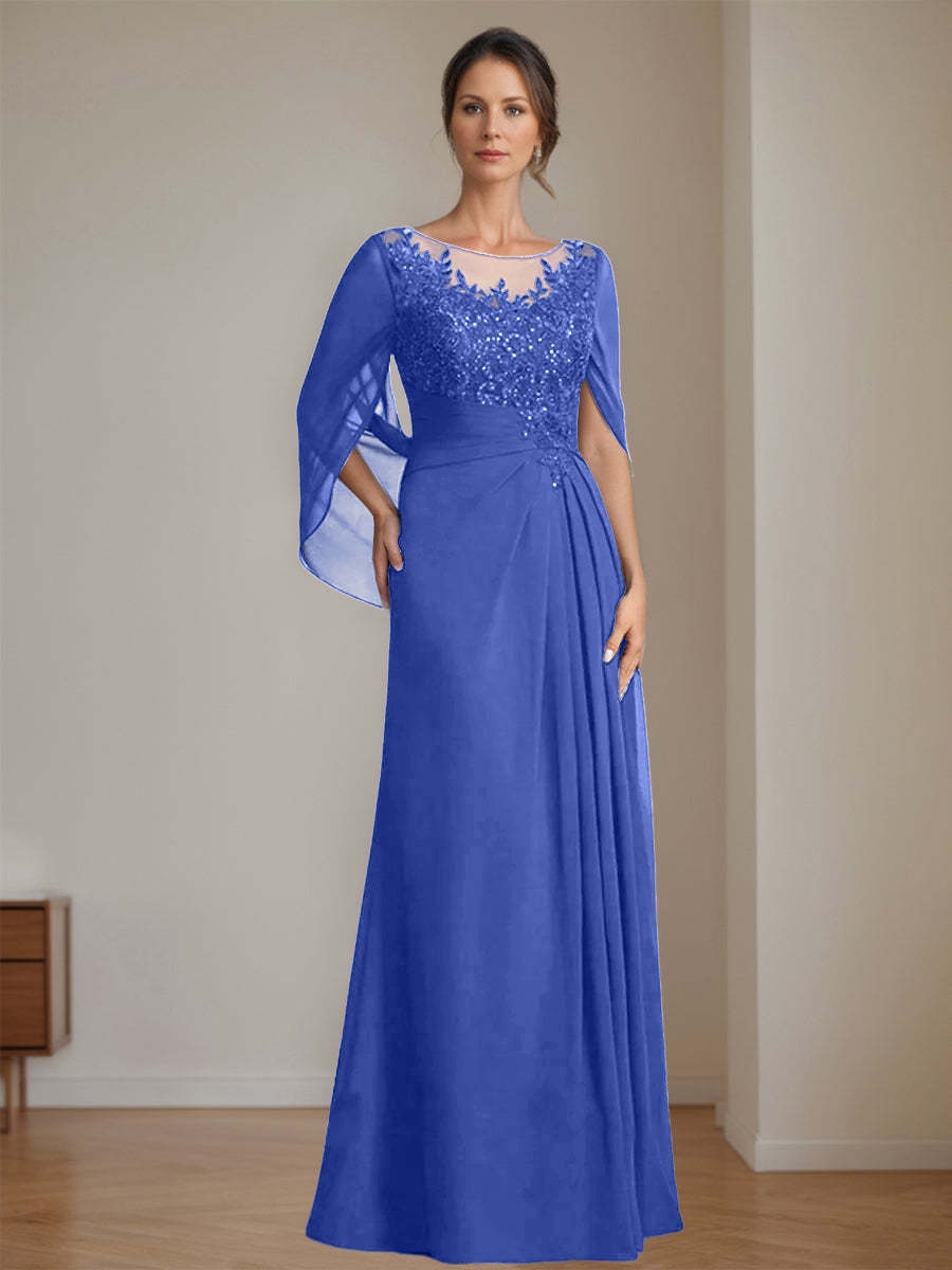 Floor-Length A-Line Princess Mother of the Bride Dresses with Scoop Neck Pleats and Sequins