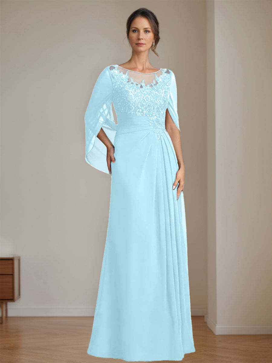Floor-Length A-Line Princess Mother of the Bride Dresses with Scoop Neck Pleats and Sequins