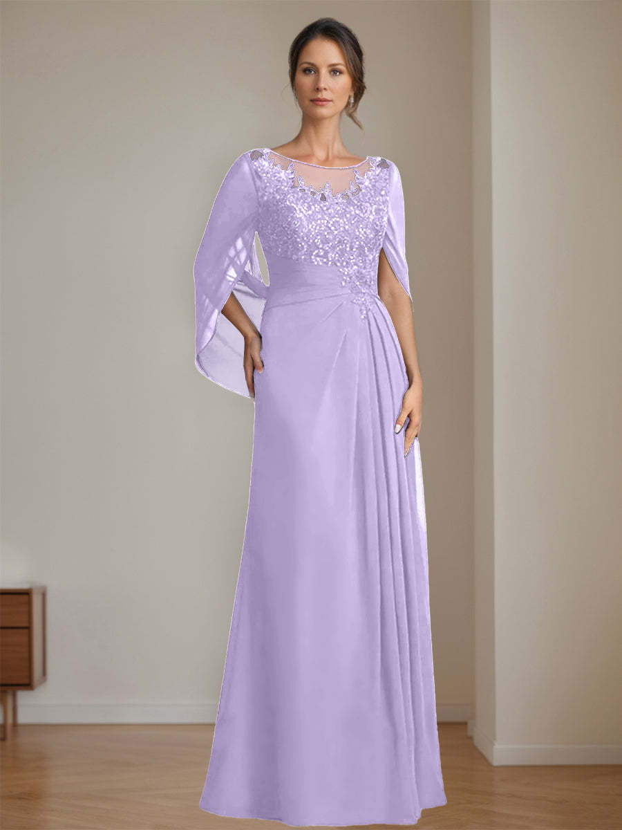 Floor-Length A-Line Princess Mother of the Bride Dresses with Scoop Neck Pleats and Sequins