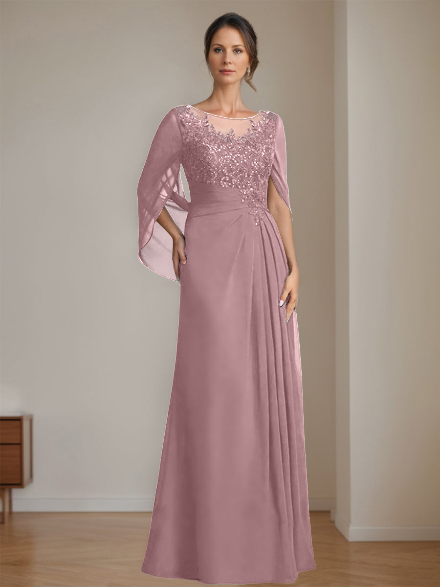 Floor-Length A-Line Princess Mother of the Bride Dresses with Scoop Neck Pleats and Sequins