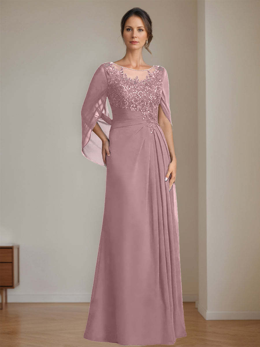 Floor-Length A-Line Princess Mother of the Bride Dresses with Scoop Neck Pleats and Sequins
