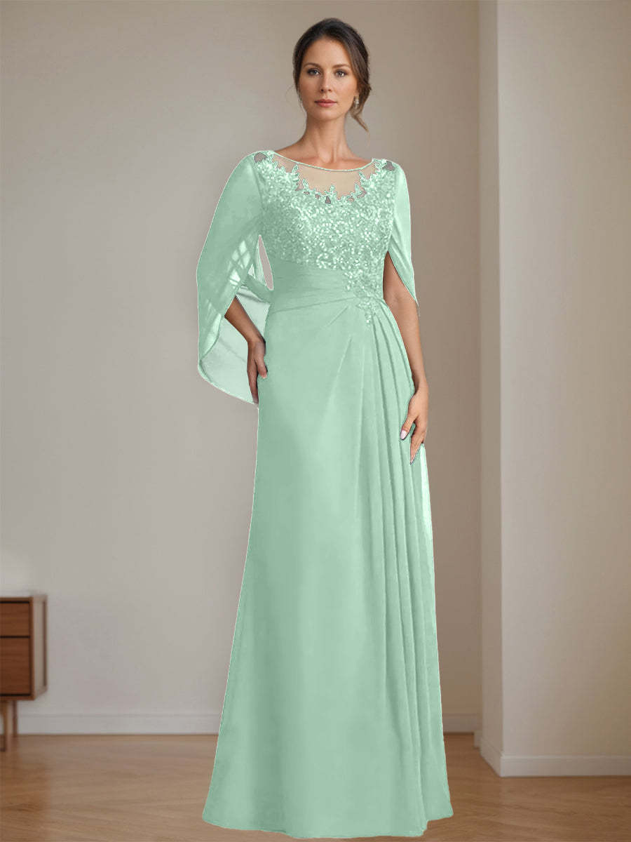 Floor-Length A-Line Princess Mother of the Bride Dresses with Scoop Neck Pleats and Sequins