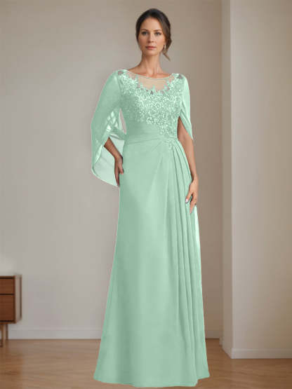 Floor-Length A-Line Princess Mother of the Bride Dresses with Scoop Neck Pleats and Sequins