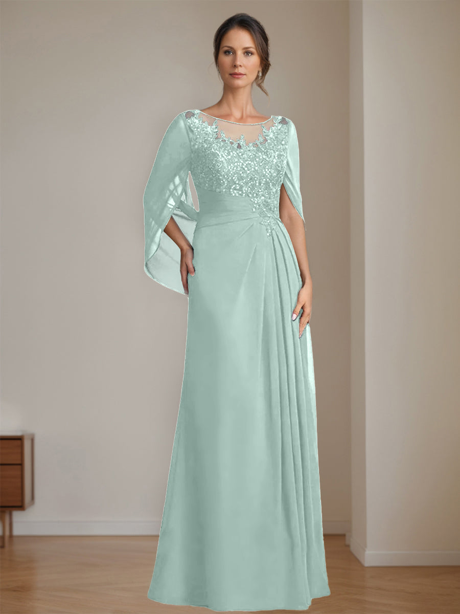 Floor-Length A-Line Princess Mother of the Bride Dresses with Scoop Neck Pleats and Sequins