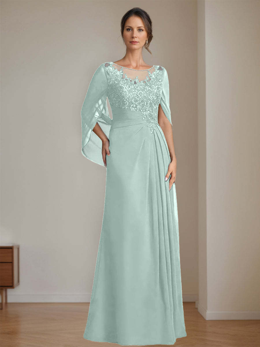 Floor-Length A-Line Princess Mother of the Bride Dresses with Scoop Neck Pleats and Sequins