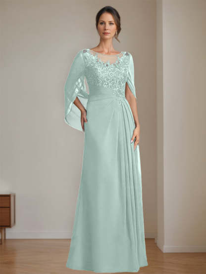 Floor-Length A-Line Princess Mother of the Bride Dresses with Scoop Neck Pleats and Sequins