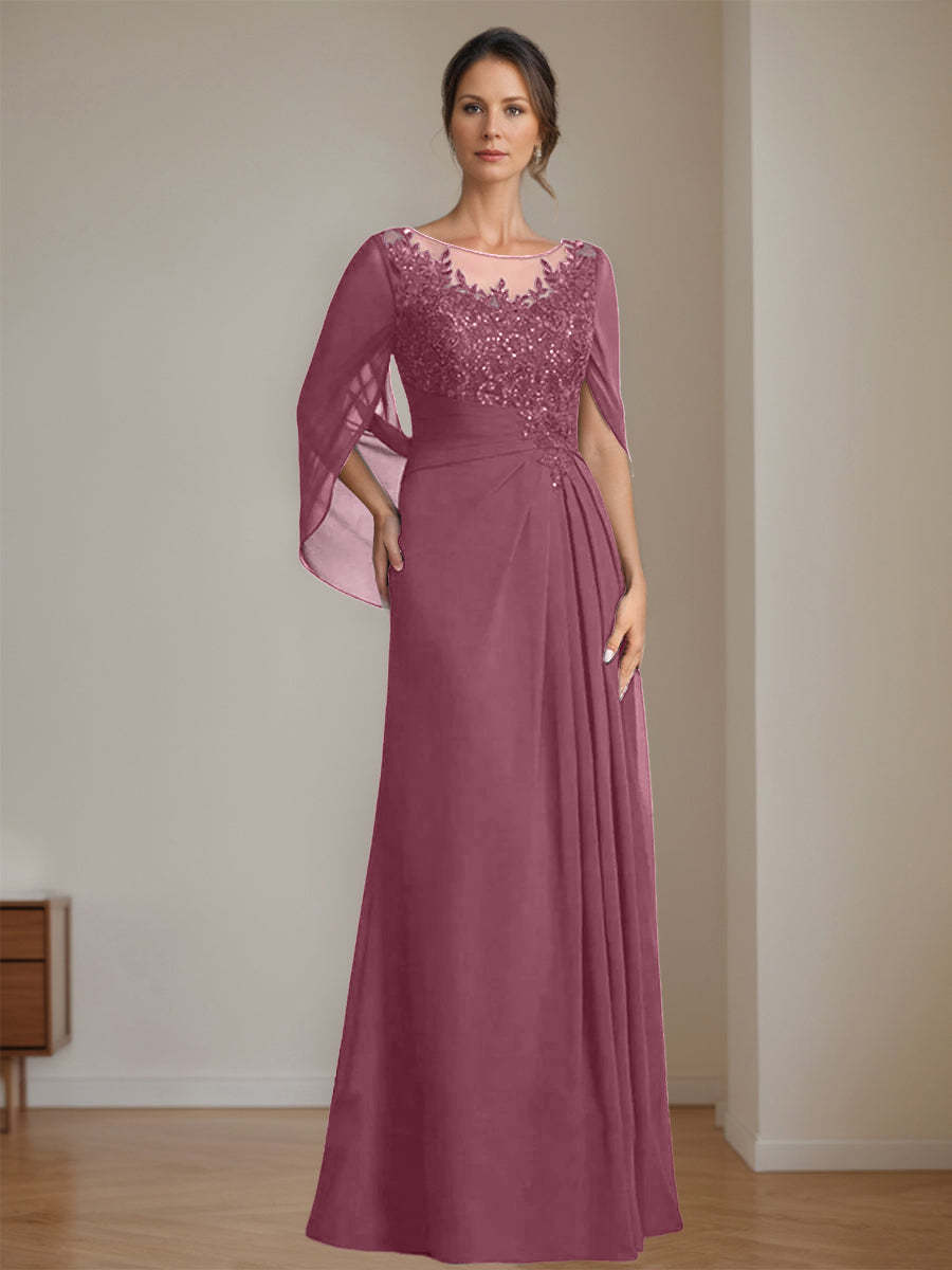 Floor-Length A-Line Princess Mother of the Bride Dresses with Scoop Neck Pleats and Sequins